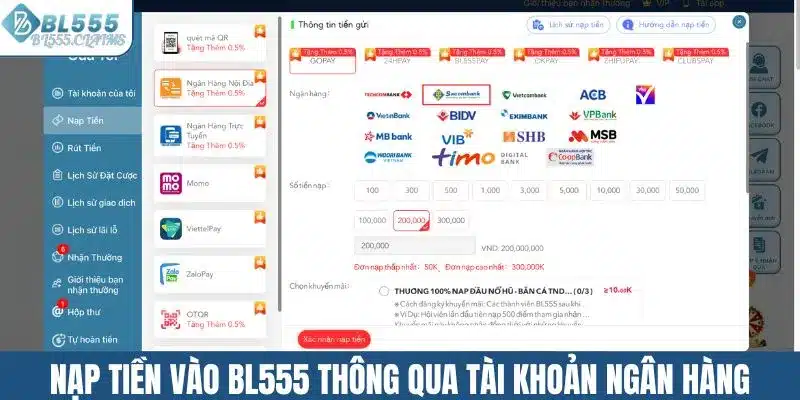Nạp tiền vào BL555 thông qua tài khoản ngân hàng